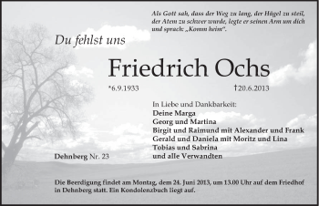 Traueranzeige von Friedrich Ochs von Pegnitz-Zeitung